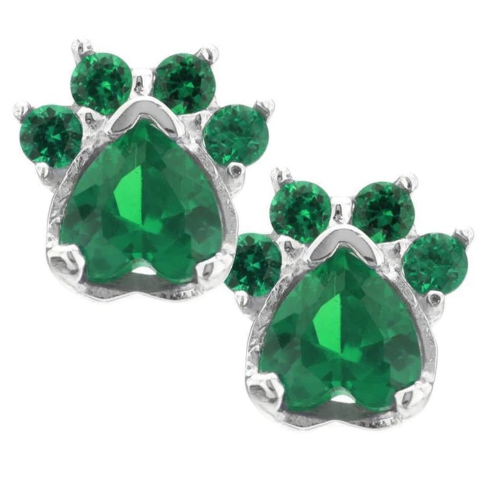 NWT Sterling Silver Emerald Crystal Gemstone Birthday PawPrint May Studs